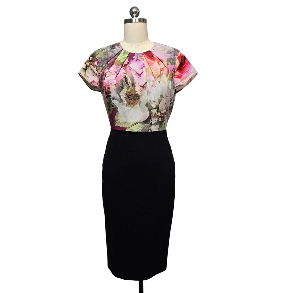 Ted Baker London Floral Print Sheath Dress Black Cap Sleeve‎ Women's Size 2 US 6